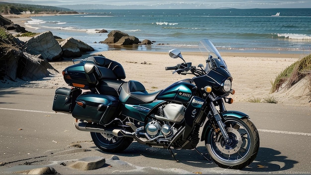 Exploring Coastal Majesty Touring Motorcycle in Serene Beach Setting door AI gegenereerd