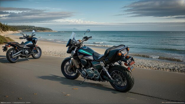 Photo exploring coastal majesty touring motorcycle in serene beach setting by ai generated