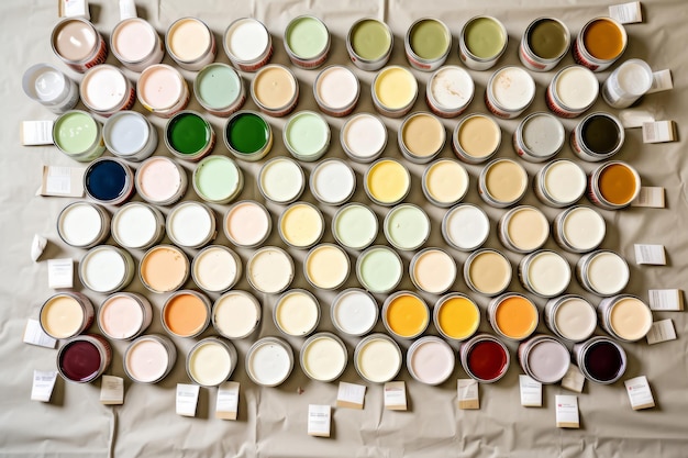Foto esplorando le palette di colori un viaggio attraverso piccoli campioni di lattine di vernice per la ristrutturazione delle pareti
