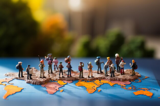 Foto esplorazione dei continenti viaggiatori in miniatura su una mappa del mondo concetto di wanderlust