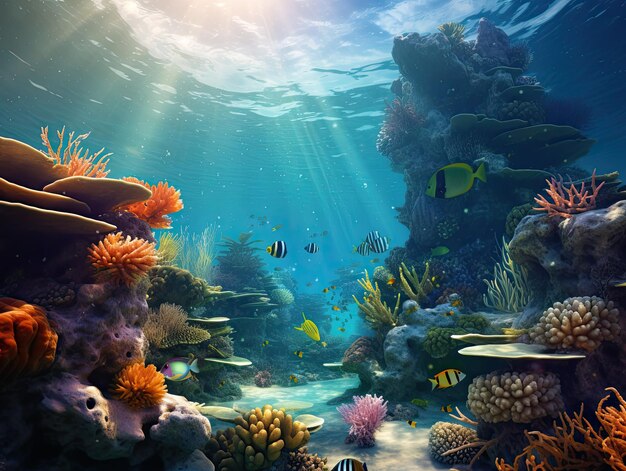 Exploring the Deep: A Vibrant Underwater Scene of a Tropical Seabed, With Sun Rays and Stunning