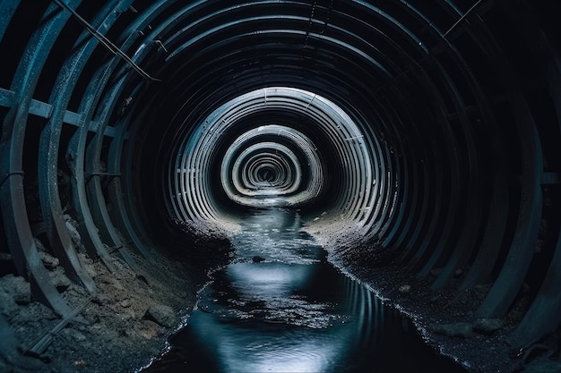 Photo exploring the depths dark sewer tunnel with concrete walls flowing sewage and unbearable stink