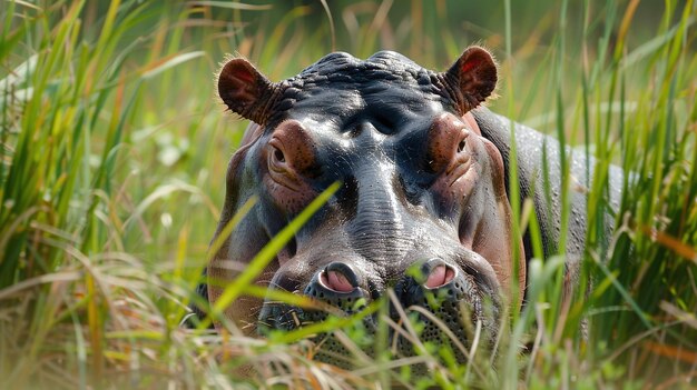 exploring the detailed features of a hippopotamus face in the wild