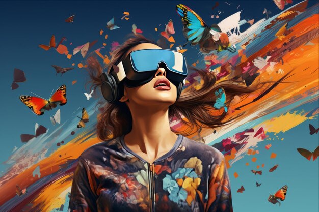 Photo exploring the enchanted virtual reality wonderland astonished girl experiences colorful flying meta