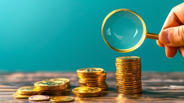 Photo exploring financial growth hand with magnifying glass over rising coin stacks against a blue background investment and economy concept ai