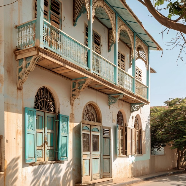 Exploring French Colonial Architecture in Djibouti City Blue and White Building with Green Shutters