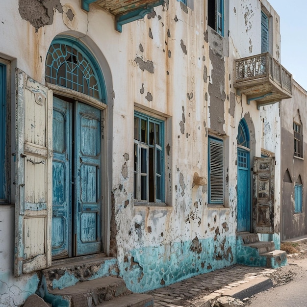 지부티 시의 프랑스 식민지 건축을 탐구하는 파란색 창문과 셔터