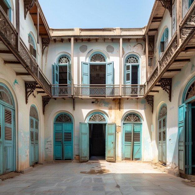지부티 시의 프랑스 식민지 건축을 탐구하는 파란 문과 창문이 있는 오래된 건물