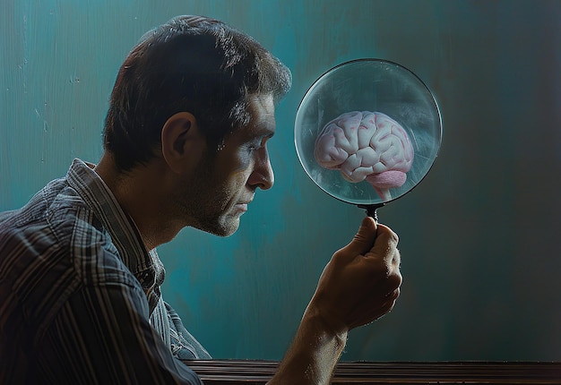 Exploring the human mind closeup of a man viewing a detailed model of the brain through a magnifying glass