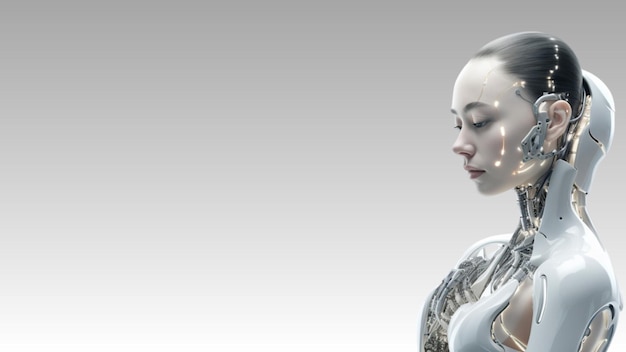 백색 배경 로 팔다리 위에서 생생한 특징을 가진 인간 인공지능 융합 여성 탐구