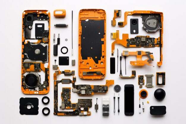 Photo exploring the inner workings a closeup of a disassembled pushbutton mobile phone and its broken p