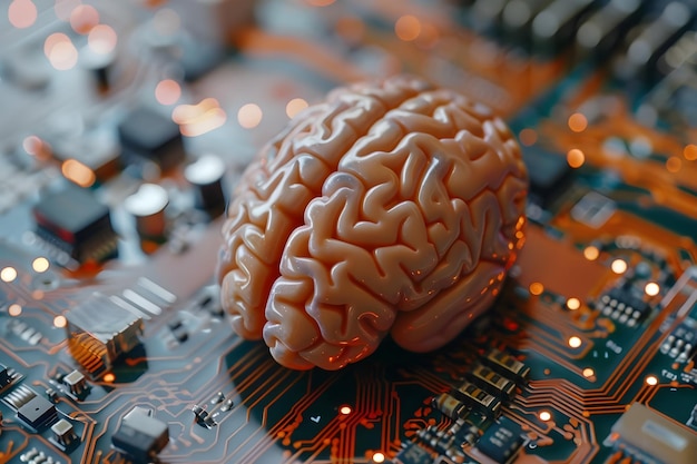 Исследование пересечения человеческого мозга и искусственного интеллекта с нейронной сетью Концепция печатной схемы Нейробиология Искусственный интеллект Нейронные сети печатная схема