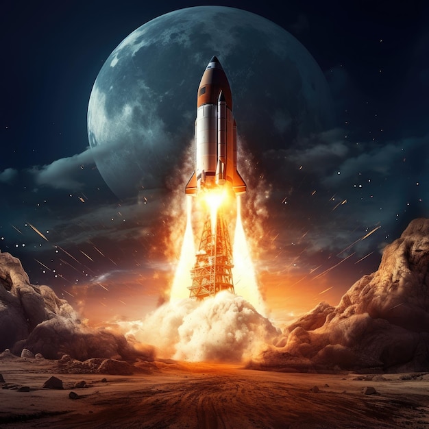 Premium AI Image  Exploring the Lunar Frontier Rocket Blasting through 