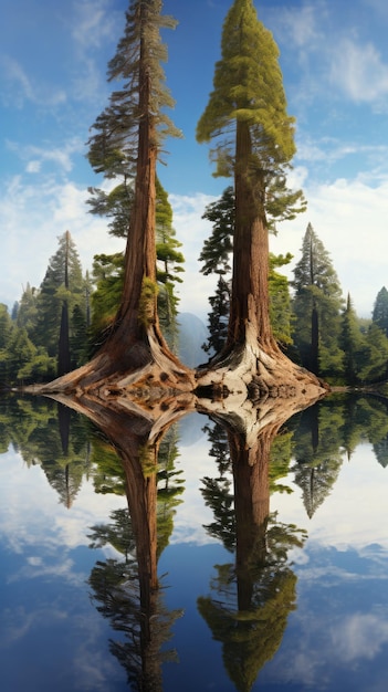 Photo exploring the mirrored fantasies of sequoia's reflection symmetry a 3d illusion in a pilcrow's mirr