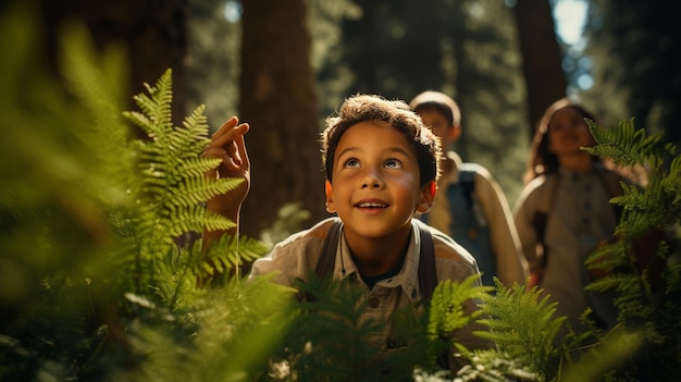 Exploring nature's wonders a boy's joyful journey with friends in a pine forest