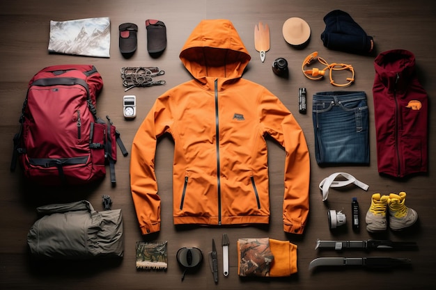 Exploring the Outdoors An Array of Adventure Clothing and Gear Perfectly Organized in a TopView Ta