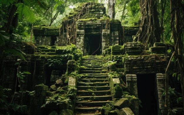 Photo exploring overgrown temples jungle expedition generative ai