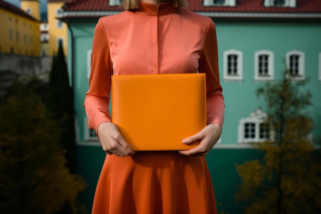 Photo exploring salzburgs activities girlish hands grasp an orange folder in austria