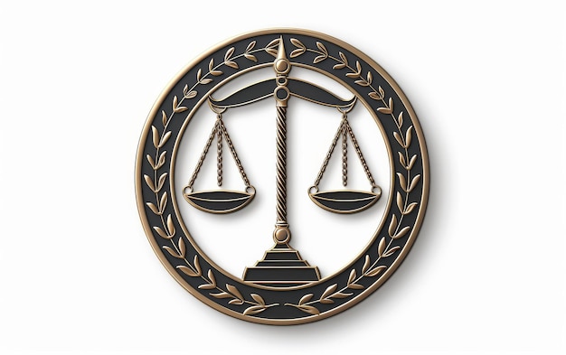 Photo exploring the scales of justice badge on white background