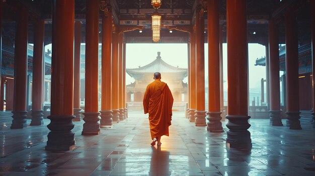 exploring spiritual depths an asian monk in traditional robes prays in a historic temple