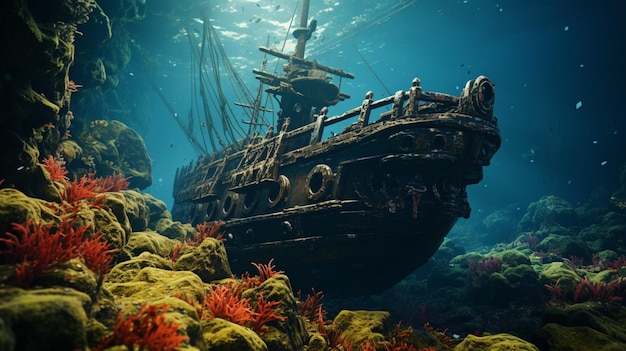 Exploring sunken shipwreck surrounded old photography image ai generated art