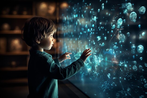 exploring technology little cute child engages with digital buttons on touchscreen generative ai