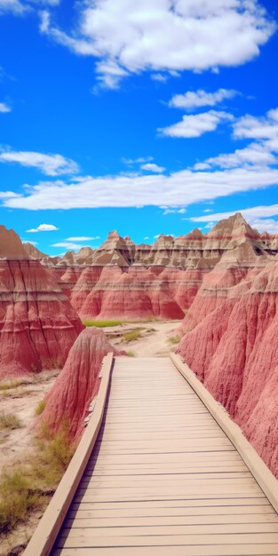 Photo exploring the vibrant badlands a wooden boardwalk amidst red rocks