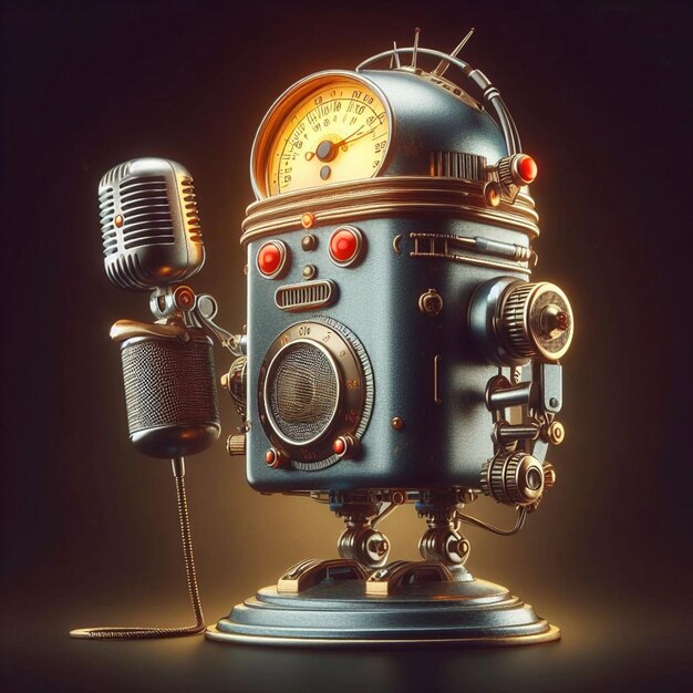 Photo exploring a vintage microphone robot through digital art