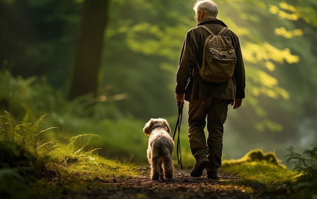 Exploring the Wilderness Elderly Person and Adorable Puppy on a Forest Trail