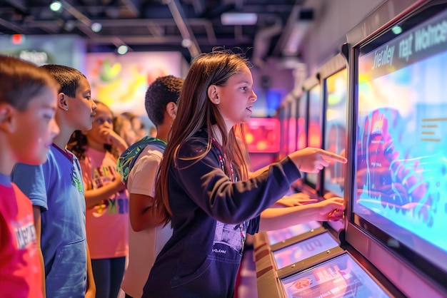 Photo exploring wonders of science students on interactive exhibits pointing to displays excited faces ref