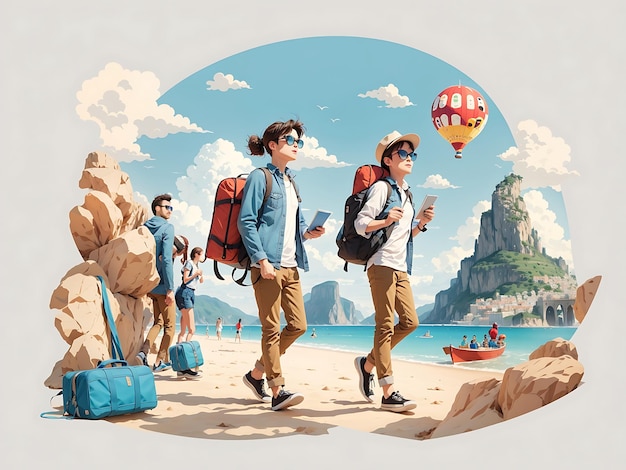 Exploring the world illustration of traveling men and women in flat cartoon style vector art on