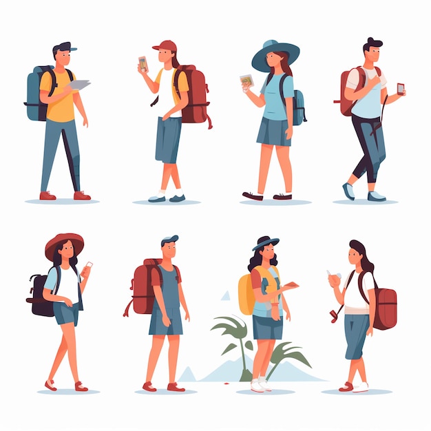 Photo exploring the world illustration of traveling men and women in flat cartoon style vector art