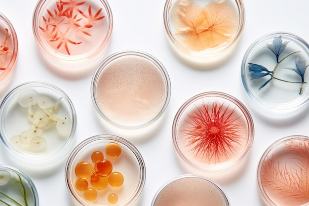 Exploring the World of Skincare Petri Dishes with Cosmetics on a White Background