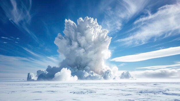 Explosie in een ijzige woestijn met een gletsjer-sneeuwlandschap