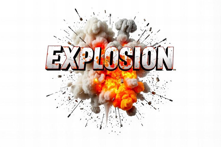 Foto explosie in vetgedrukte gezaagde letters rook en puin