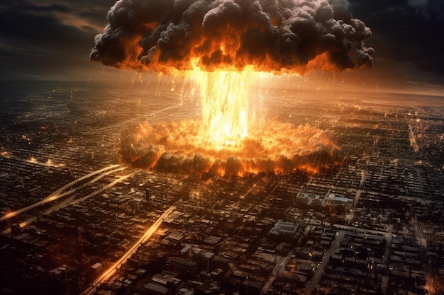 Explosie van atoombom boven stad bij zonsondergang 3D-rendering