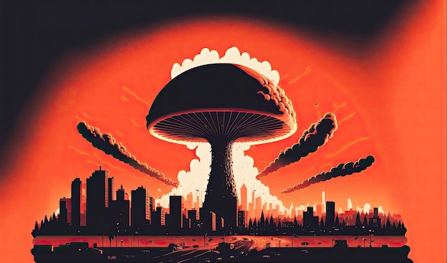 Explosie van een atoombom met een nucleaire paddenstoel in de stad Affiche van de film Apocalyps