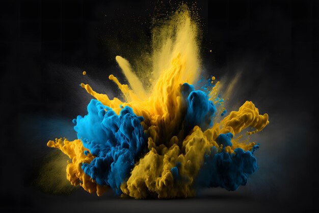 Explosie van geel en blauw verfpoeder op zwarte achtergrond Neuraal netwerk gegenereerde kunst