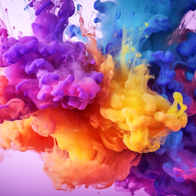 Explosie van kleurrijke water- en inkttextuur in een kleurrijke zwevende wolk