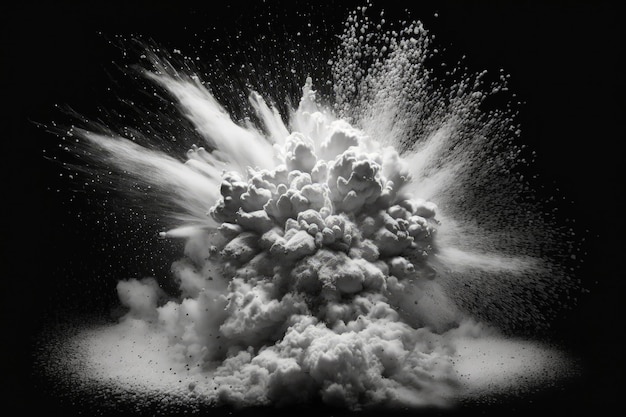 Explosie van wit poeder op een donkere achtergrond