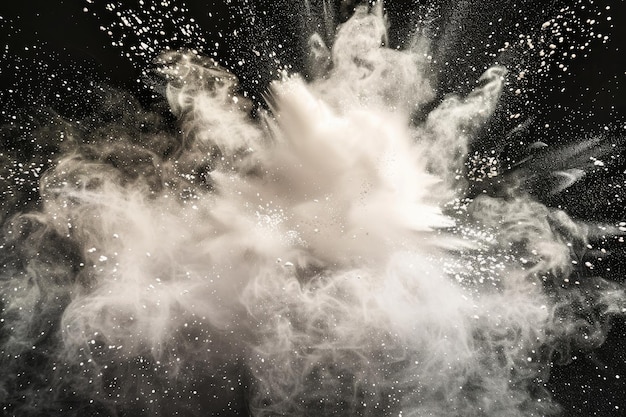 Explosie van wit poeder op zwarte achtergrond met stofdeeltjes