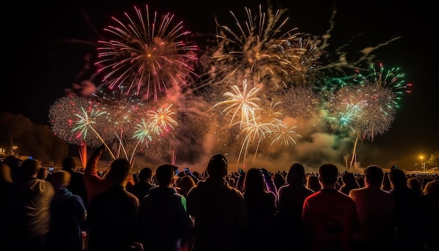 Explosief vuurwerk verlicht het gejuich van de nachtelijke hemel, gegenereerd door AI