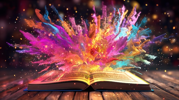 Foto explosies van creativiteit kleurrijke ideeën ontketend uit de pagina's van een boek generatieve ai