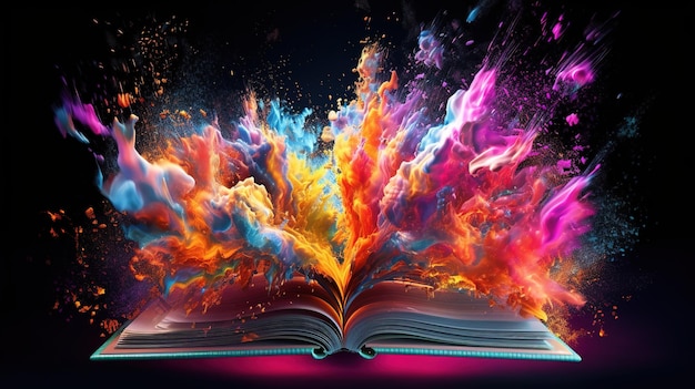 Explosies van creativiteit Kleurrijke ideeën ontketend uit de pagina's van een boek Generatieve AI