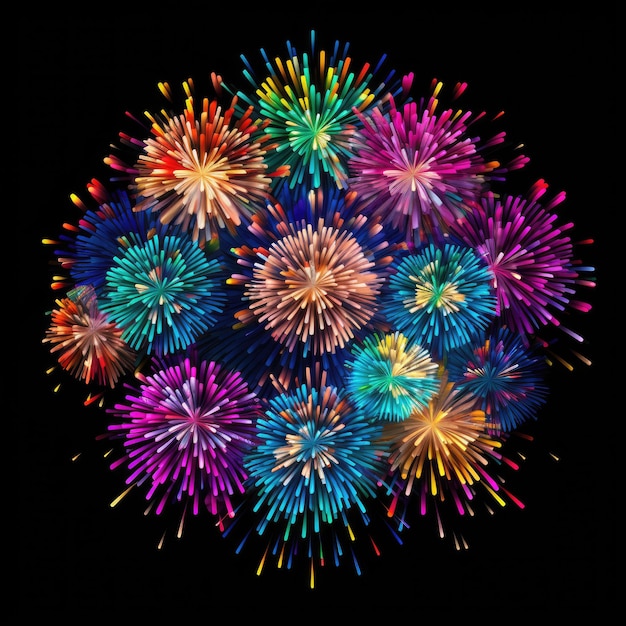 Explosies van levendige kleuren Een betoverend vuurwerk op een zwarte achtergrond