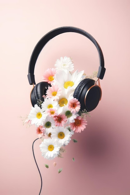 Explosieve kleurrijke bloemen pastel roosblaadjes en kunstbloemen rond een paar koptelefoon in een stijlvol bloemenontwerp
