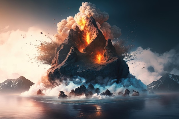 Explosieve kracht Vulkanisch eiland komt tevoorschijn met vurige uitbarstingen