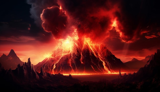 Explosieve vulkaan verlicht door NeonLit Brandende lava in een donkere futuristische 3D Render Natuur Scene