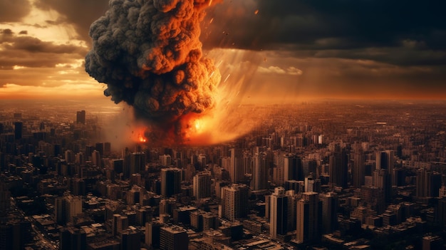 Explosion in a city with tall buildings in war