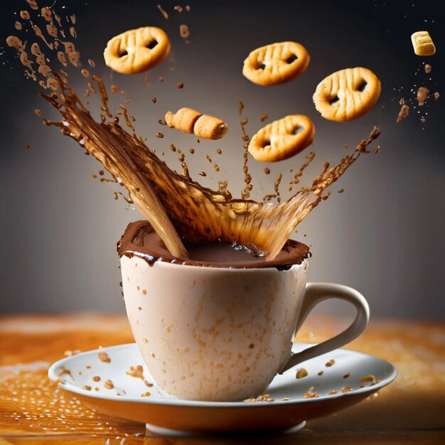 Photo explosion of coffee with a cup and beans